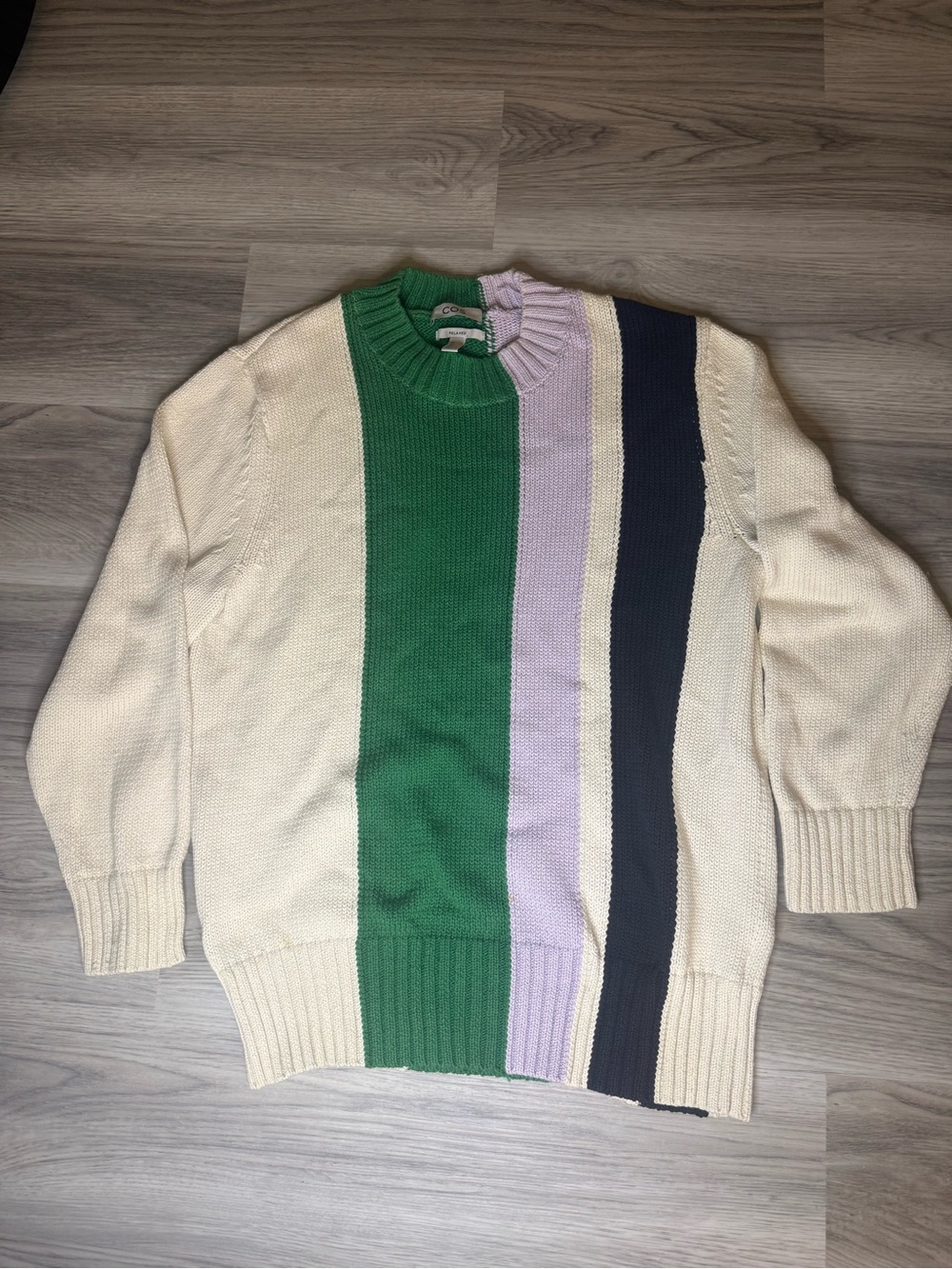 COS Cream Crewneck knit Sweater with Green, Lavender & Navy Panels
